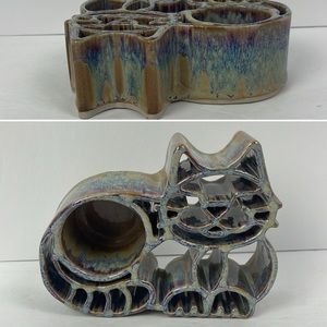 Candle Pots Kitty Cat Blue Brown Drip Glaze Votive Holder Bay Pottery USA MADE